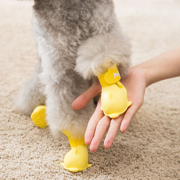 Stylish waterproof dog boot with adjustable straps, shown on a dog walking on a wet surface, ensuring safety and comfort.